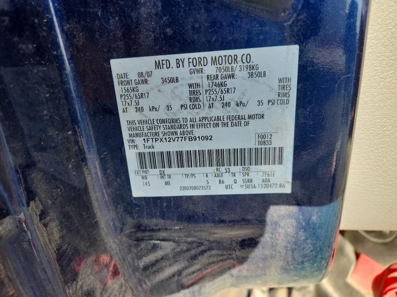 2007 Ford F150 VIN: 1FTPX12V77FB91092 Lot: 85503625