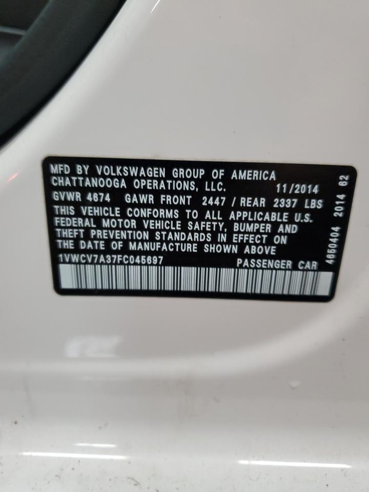2015 Volkswagen Passat Sel VIN: 1VWCV7A37FC045697 Lot: 84930085