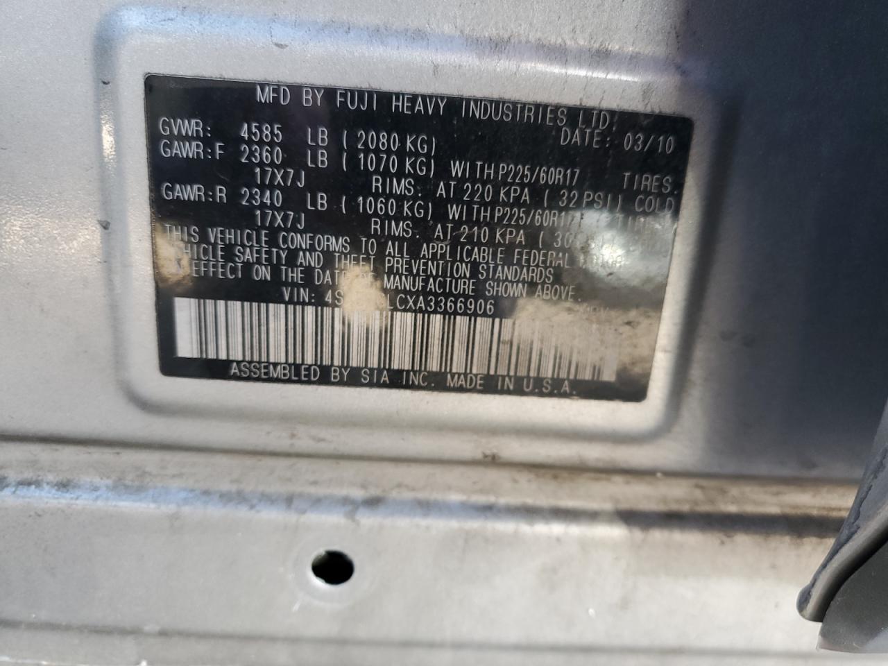 2010 Subaru Outback 2.5I Limited VIN: 4S4BRCLCXA3366906 Lot: 85842425