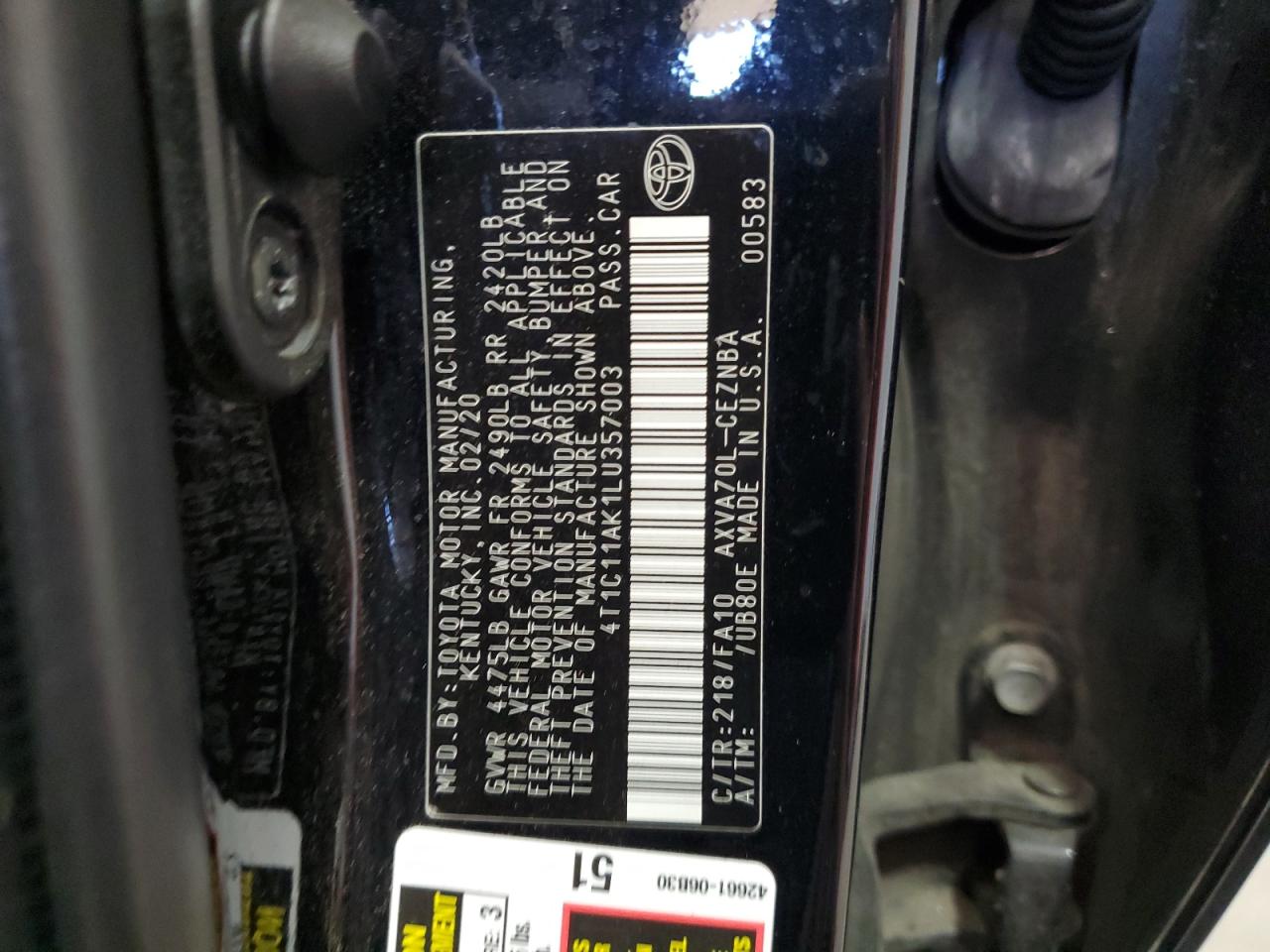 2020 Toyota Camry Le VIN: 4T1C11AK1LU357003 Lot: 82524705