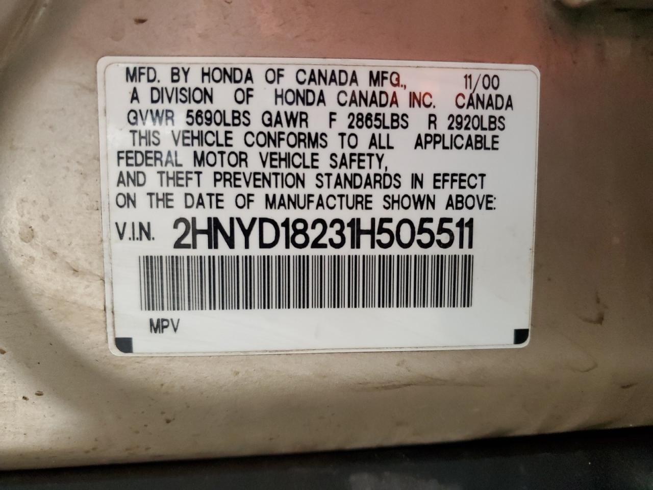 2001 Acura Mdx VIN: 2HNYD18231H505511 Lot: 85565145