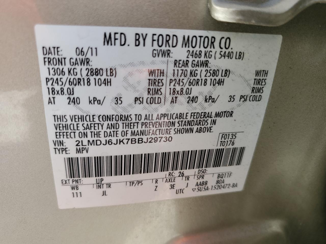 2011 Lincoln Mkx VIN: 2LMDJ6JK7BBJ29730 Lot: 87229665