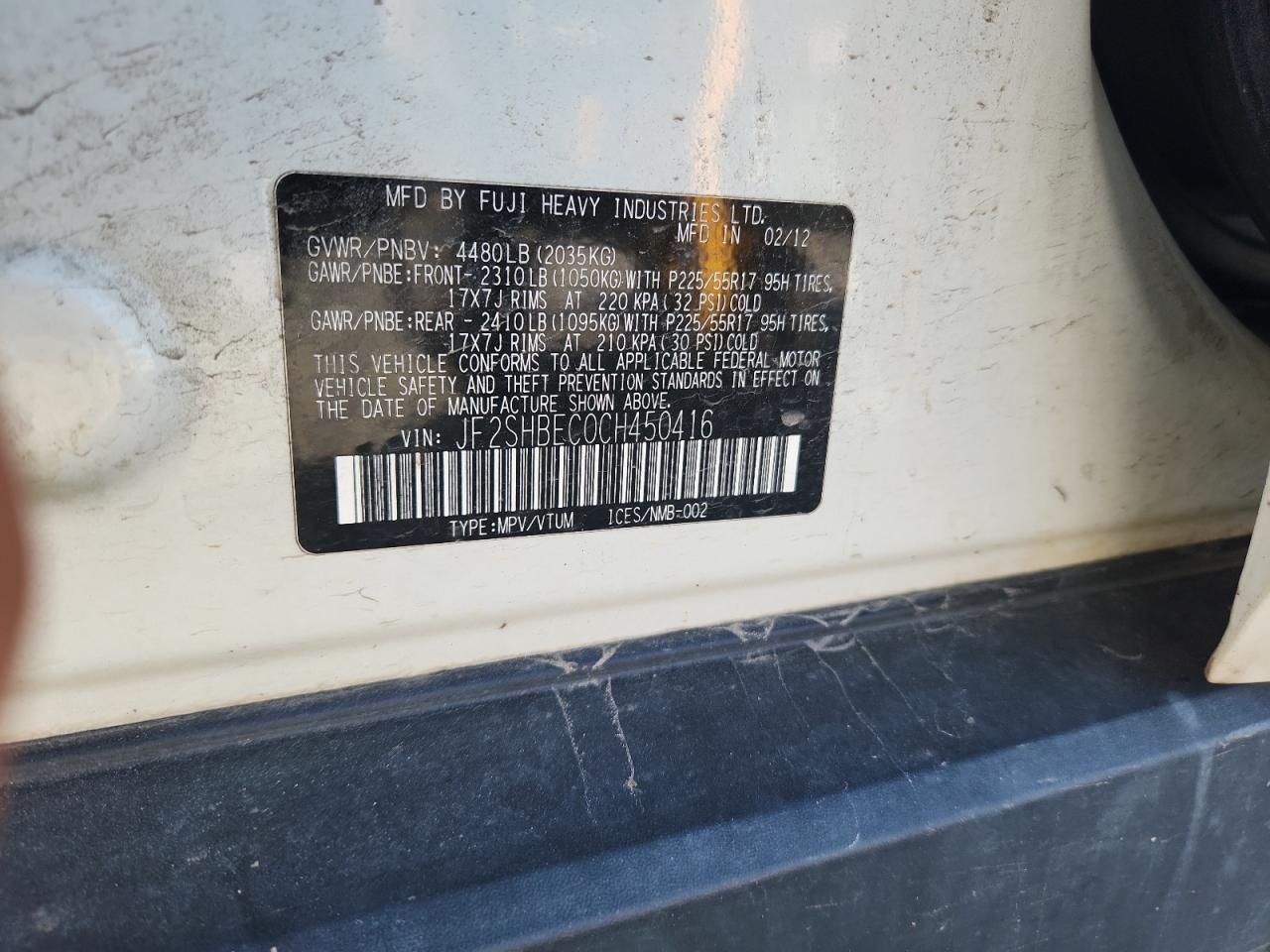 2012 Subaru Forester Limited VIN: JF2SHBEC0CH450416 Lot: 81960585