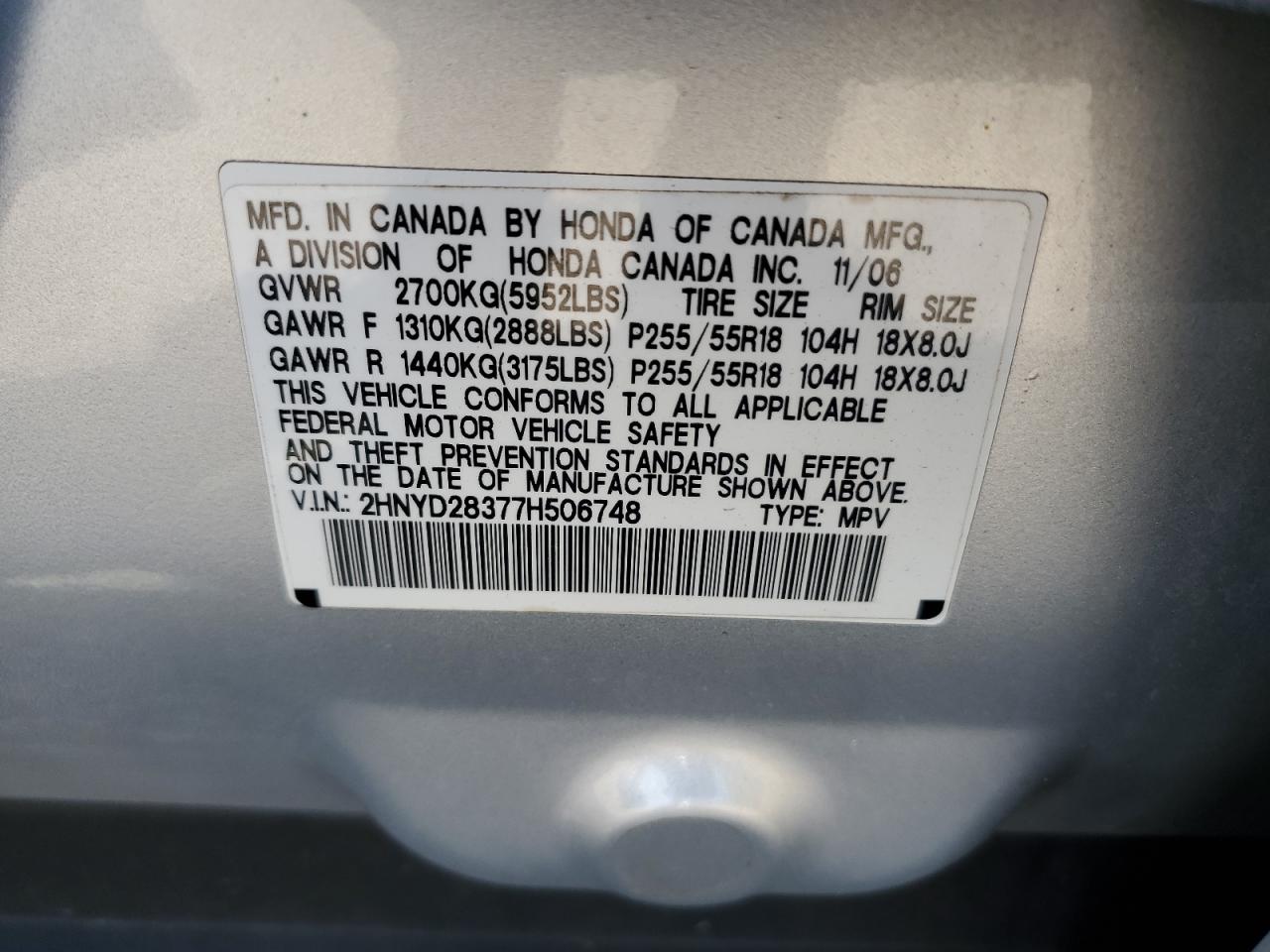 2007 Acura Mdx Technology VIN: 2HNYD28377H506748 Lot: 85510815