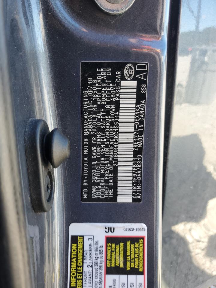 2019 Toyota Corolla L VIN: 2T1BURHE3KC155314 Lot: 82289635