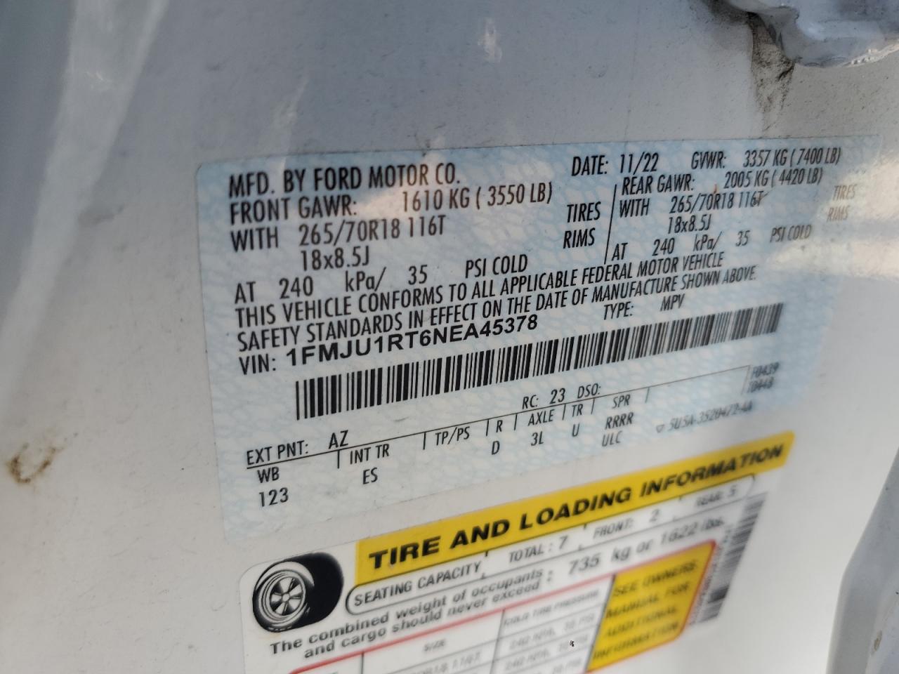 2022 Ford Expedition Timberline VIN: 1FMJU1RT6NEA45378 Lot: 84731035