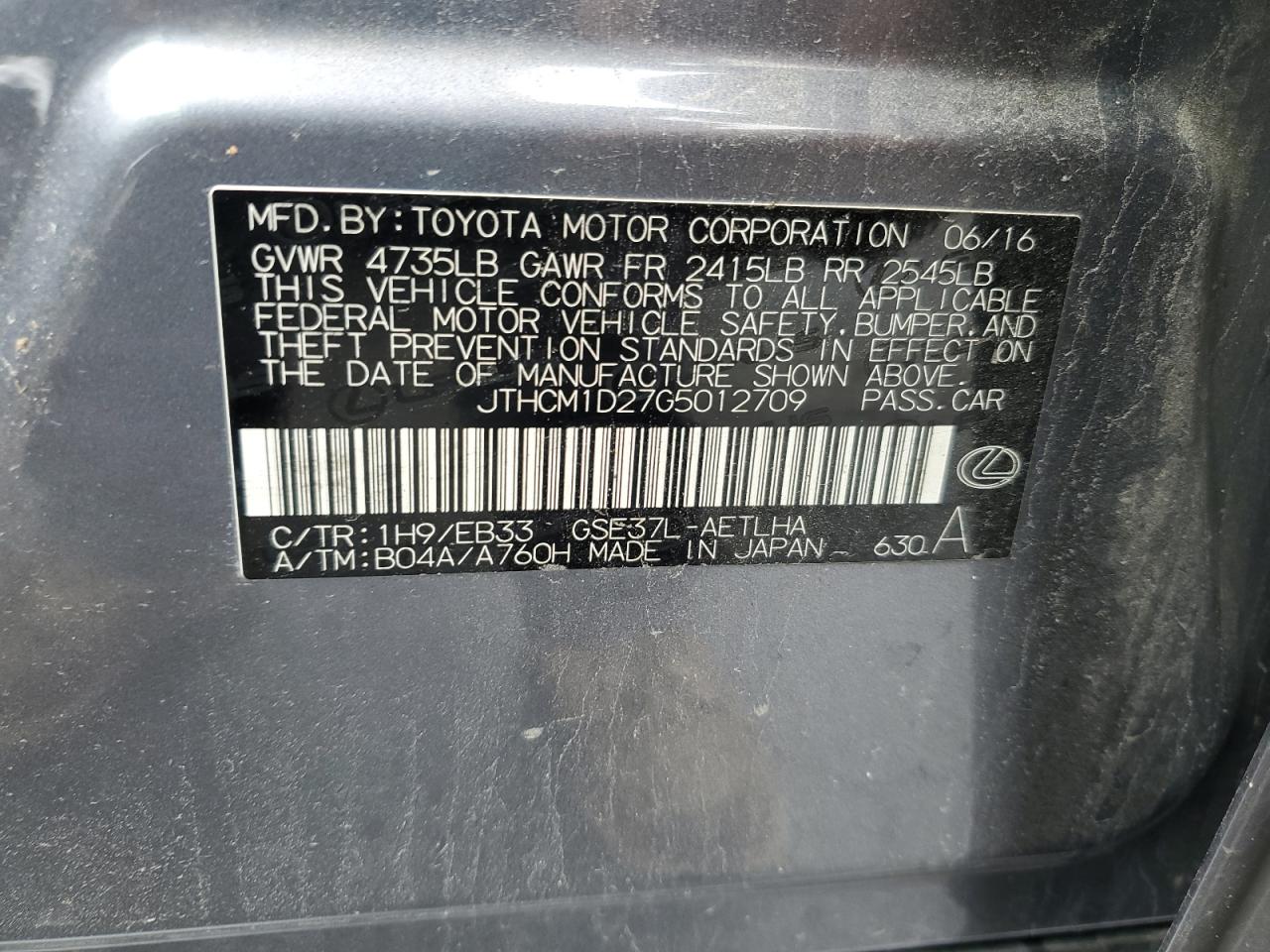 2016 Lexus Is 300 VIN: JTHCM1D27G5012709 Lot: 86657675