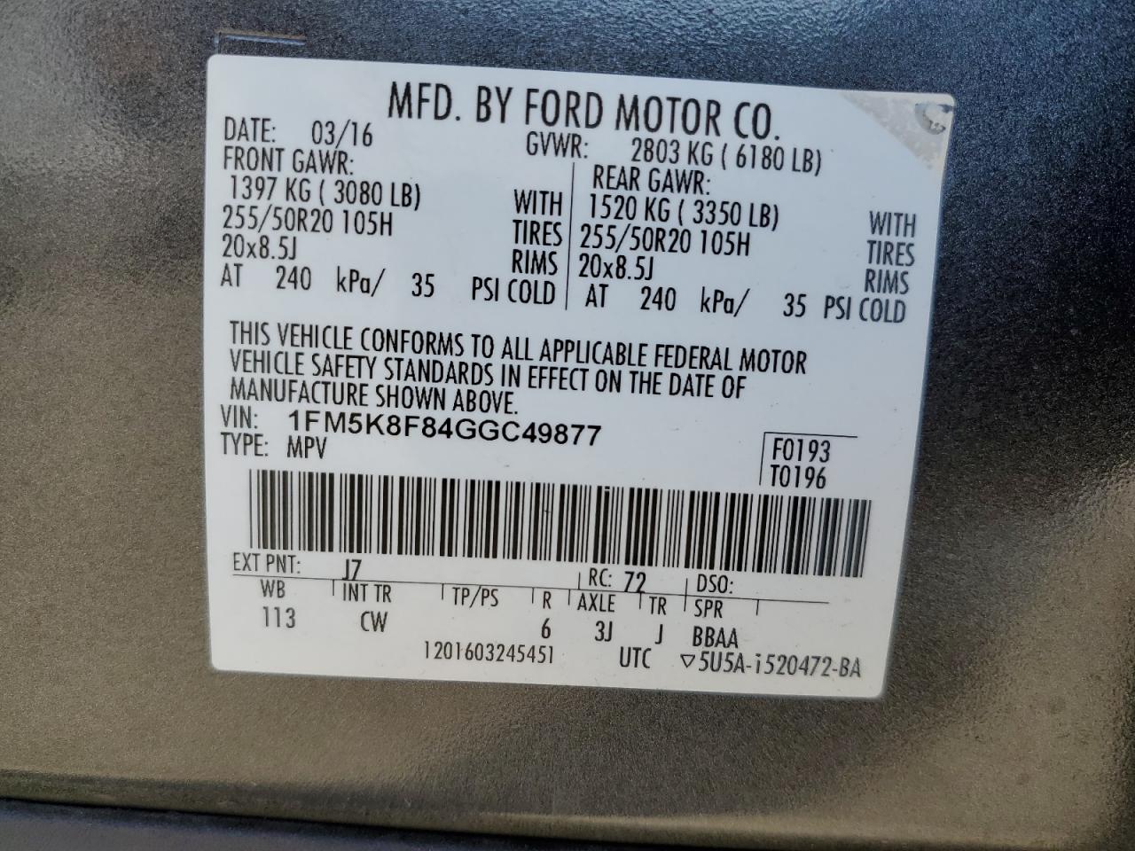 2016 Ford Explorer Limited VIN: 1FM5K8F84GGC49877 Lot: 87231425
