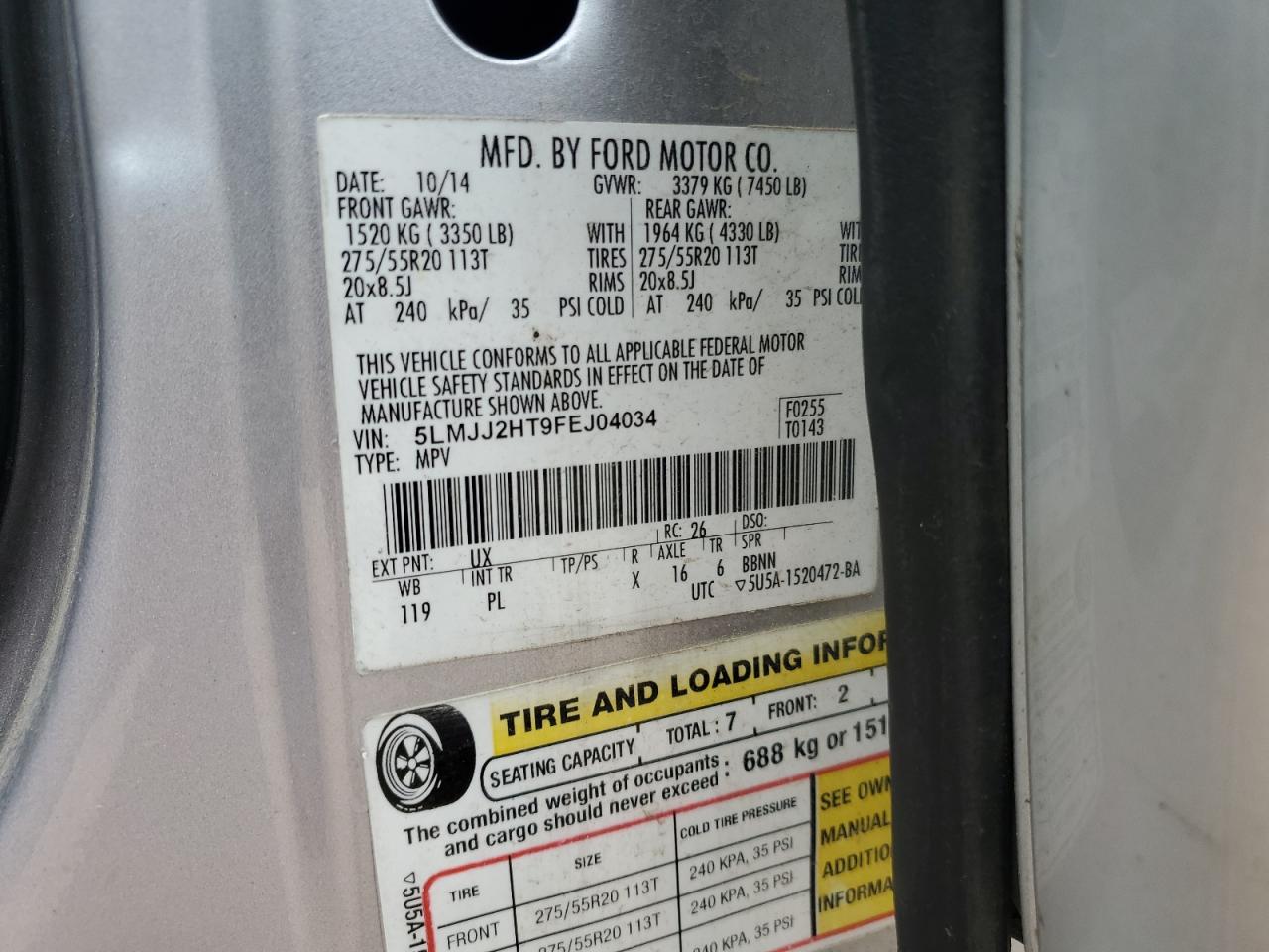 2015 Lincoln Navigator VIN: 5LMJJ2HT9FEJ04034 Lot: 82417495