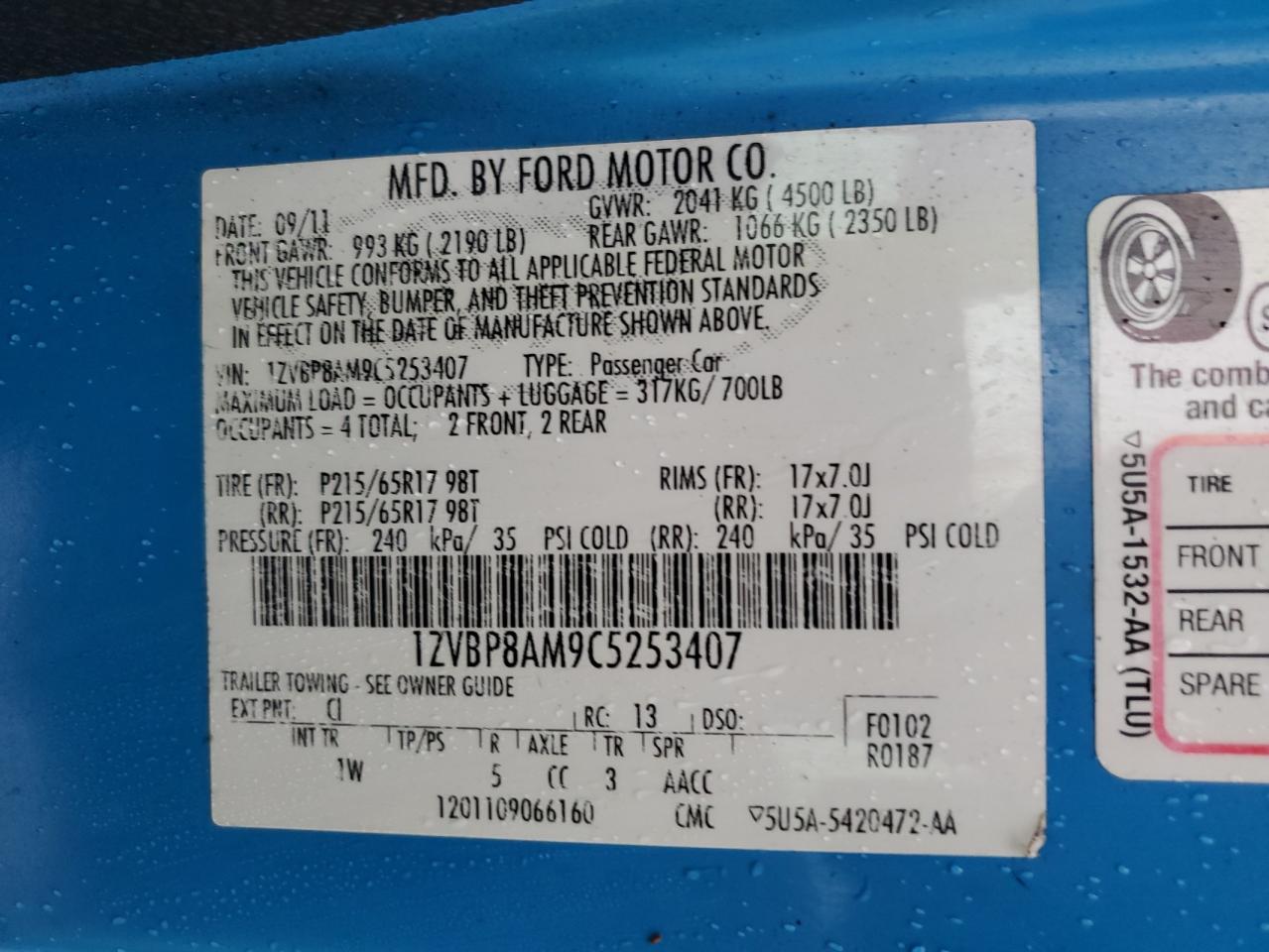 2012 Ford Mustang VIN: 1ZVBP8AM9C5253407 Lot: 86431685