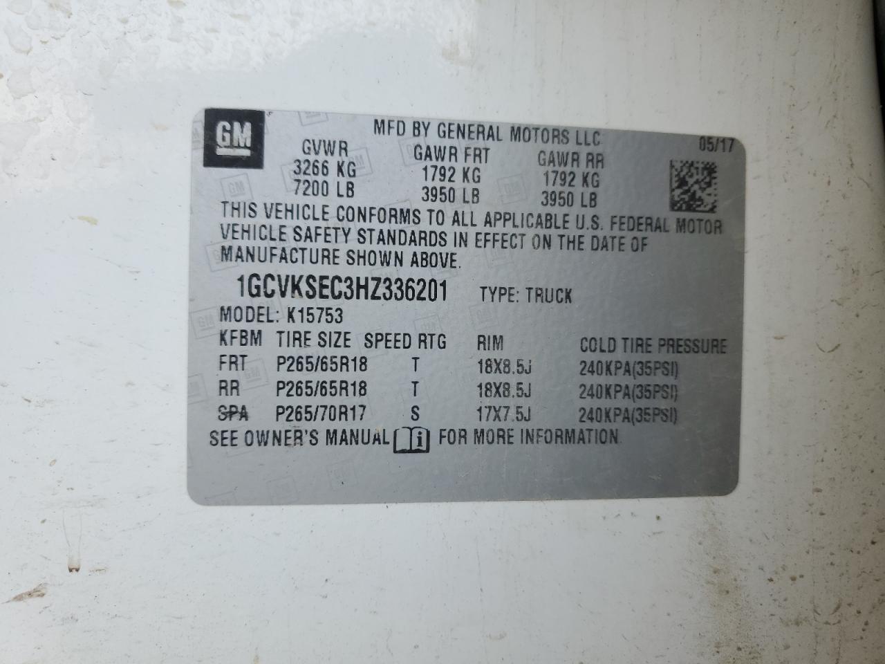 2017 Chevrolet Silverado K1500 Ltz VIN: 1GCVKSEC3HZ336201 Lot: 81847305