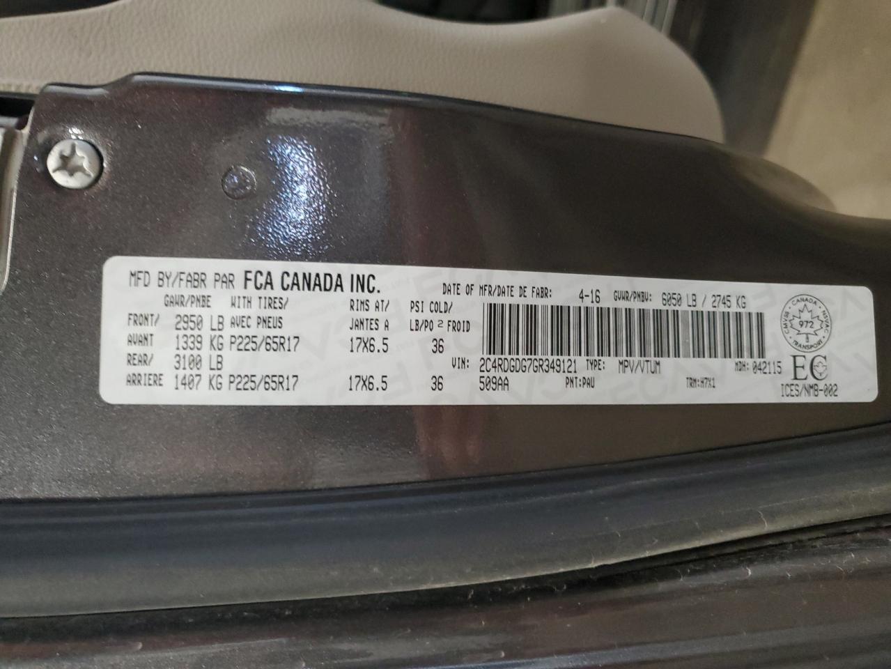 2016 Dodge Grand Caravan Crew VIN: 2C4RDGDG7GR349121 Lot: 82383565