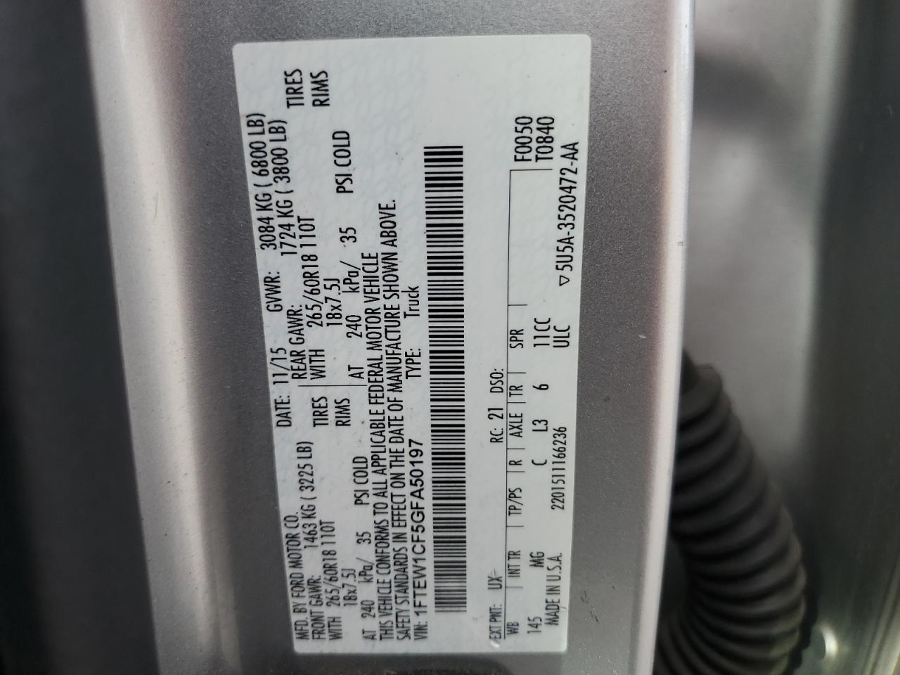 2016 Ford F150 Supercrew VIN: 1FTEW1CF5GFA50197 Lot: 84876785