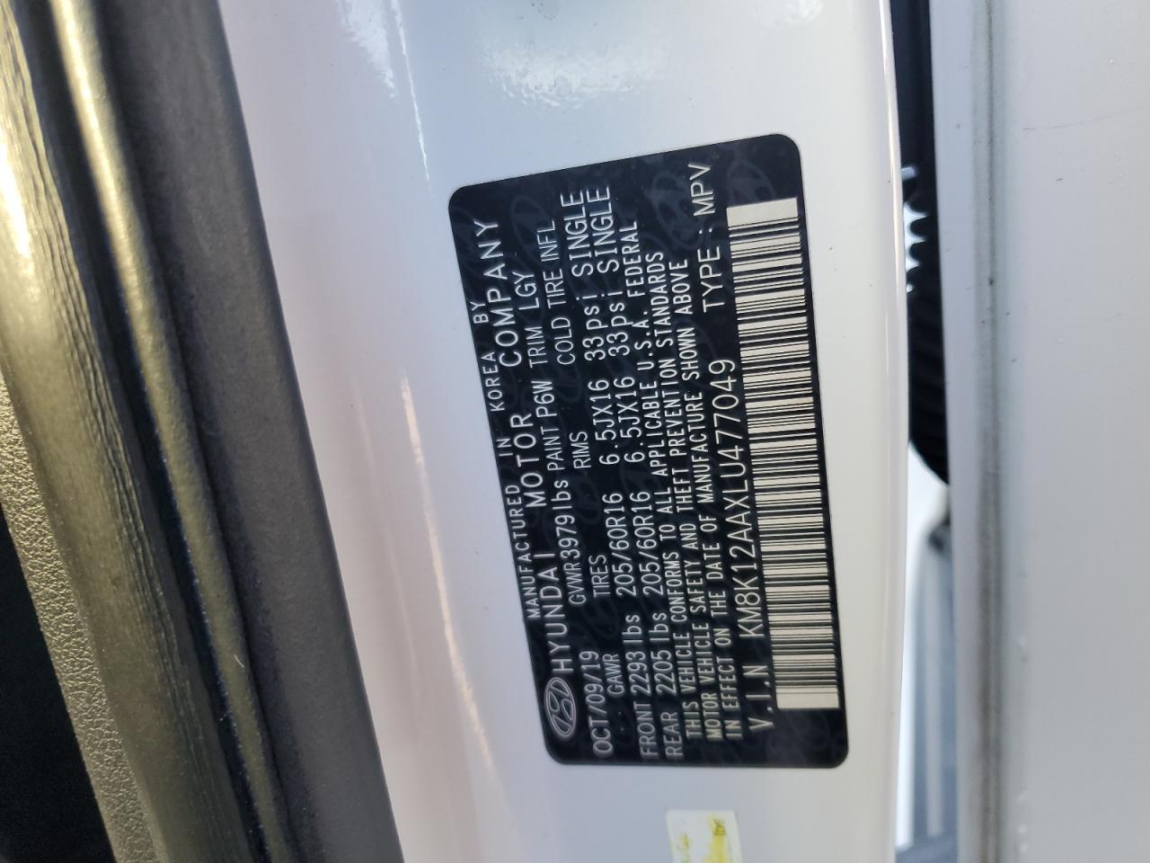 2020 Hyundai Kona Se VIN: KM8K12AAXLU477049 Lot: 86161965