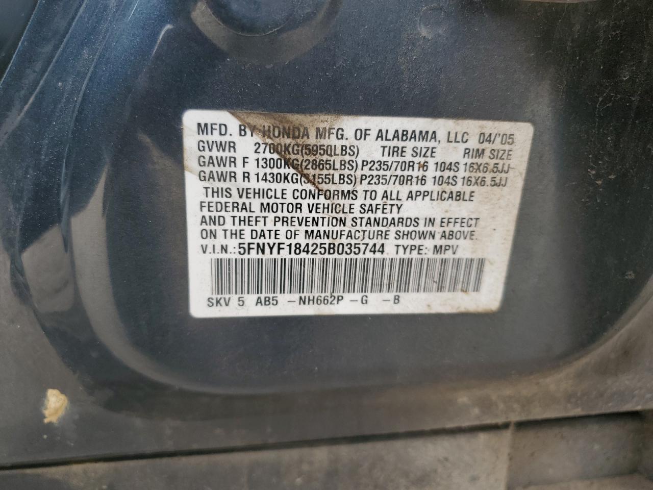 2005 Honda Pilot Ex VIN: 5FNYF18425B035744 Lot: 85929645