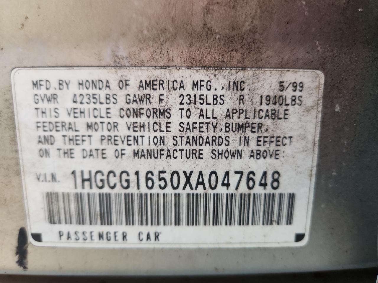 1999 Honda Accord Ex VIN: 1HGCG1650XA047648 Lot: 85530585