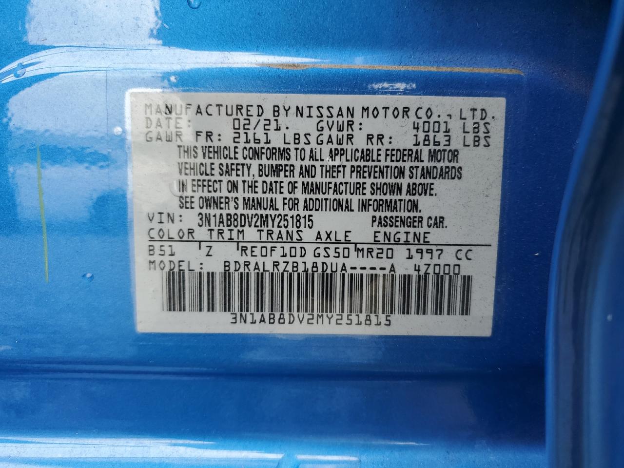 2021 Nissan Sentra Sr VIN: 3N1AB8DV2MY251815 Lot: 85691765