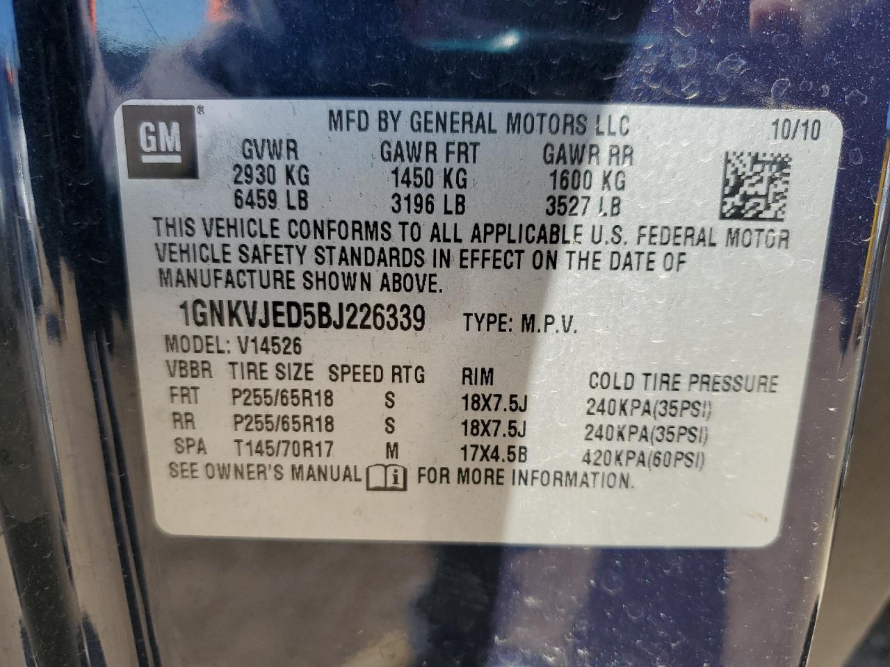 2011 Chevrolet Traverse Lt VIN: 1GNKVJED5BJ226339 Lot: 84409015