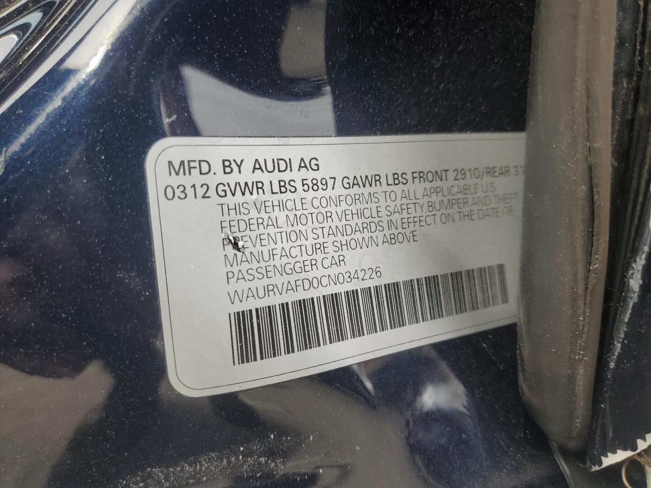 2012 Audi A8 L Quattro VIN: WAURVAFD0CN034226 Lot: 85406605