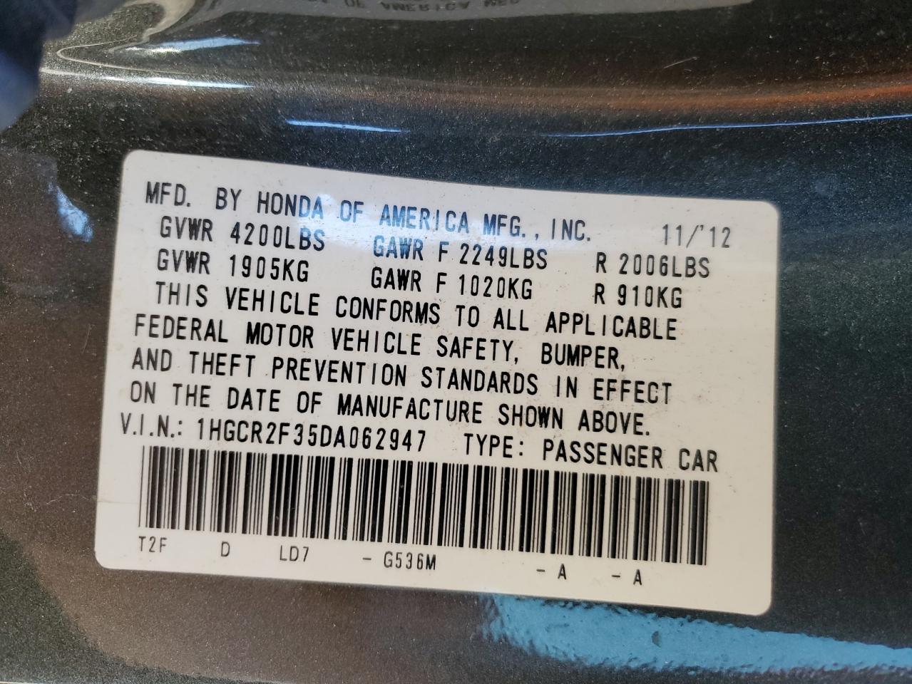 2013 Honda Accord Lx VIN: 1HGCR2F35DA062947 Lot: 84749785