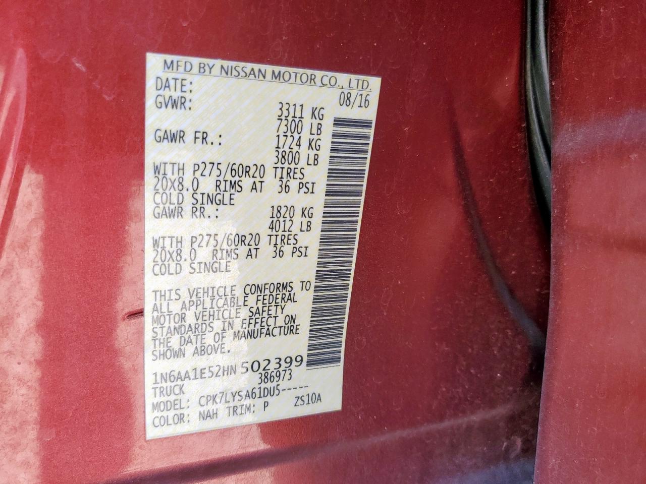 2017 Nissan Titan Platinum Reserve VIN: 1N6AA1E52HN502399 Lot: 86443215