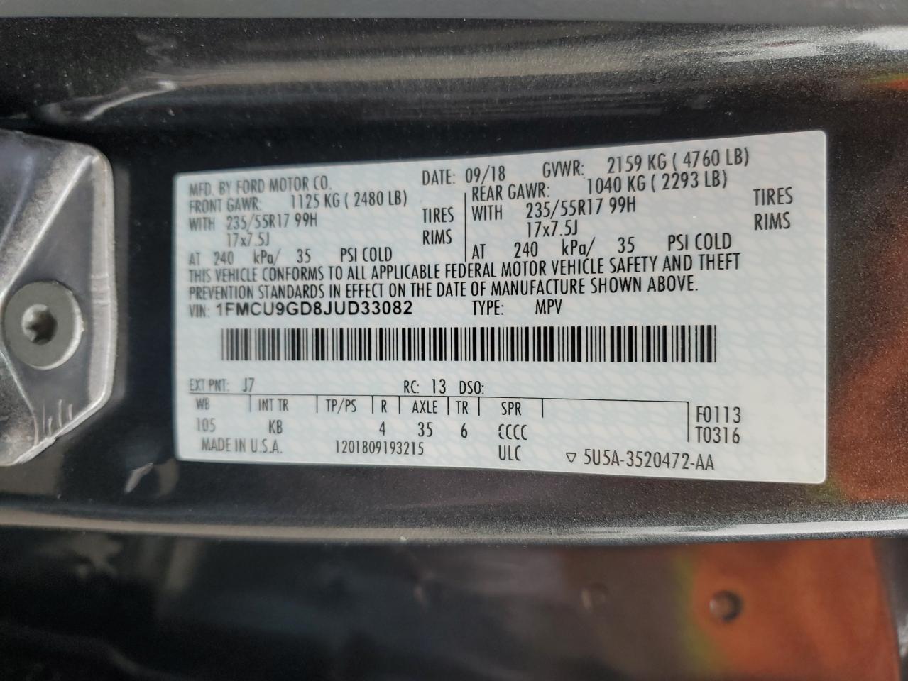 2018 Ford Escape Se VIN: 1FMCU9GD8JUD33082 Lot: 82758375