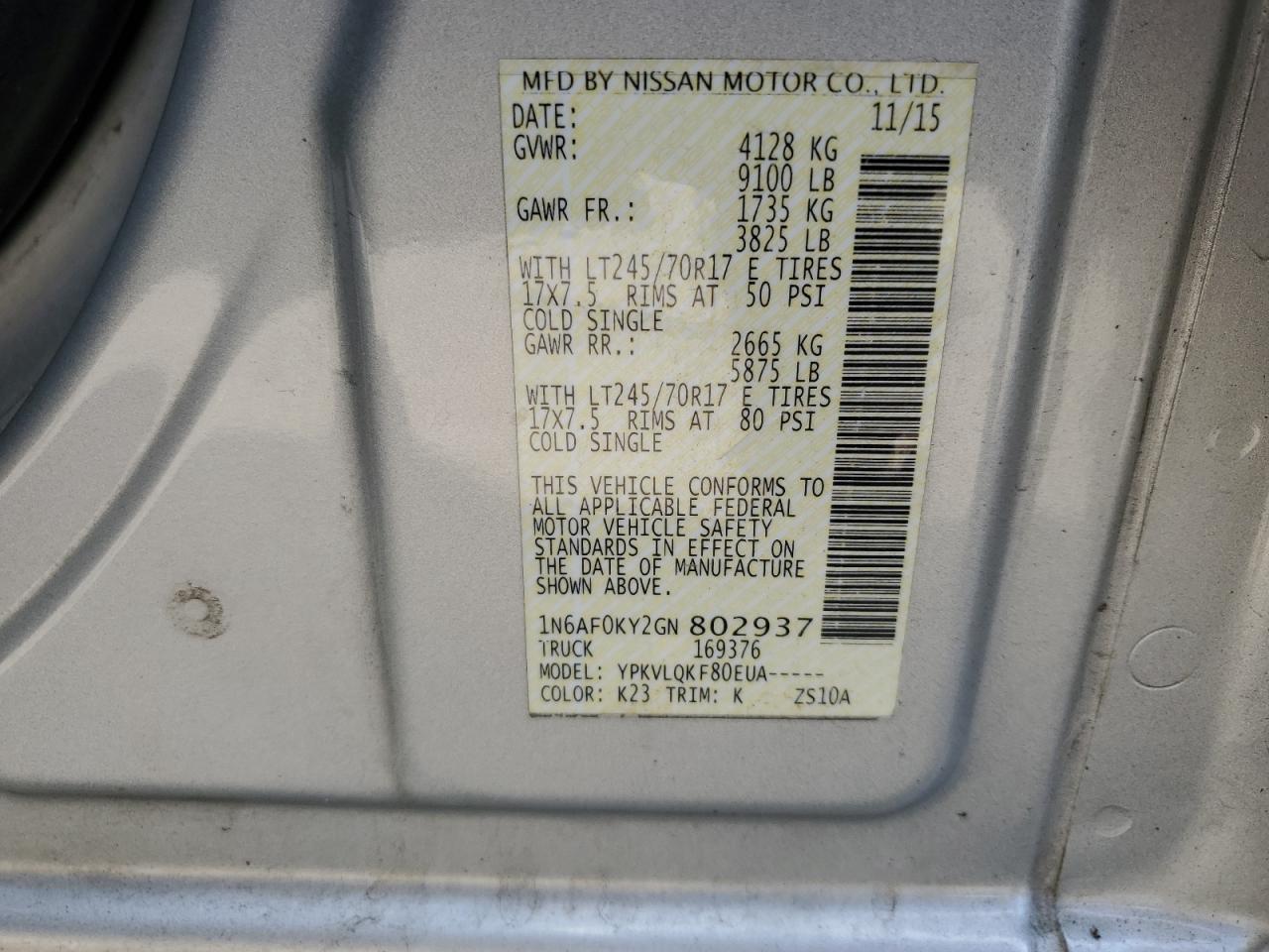 2016 Nissan Nv 2500 S VIN: 1N6AF0KY2GN802937 Lot: 81877365