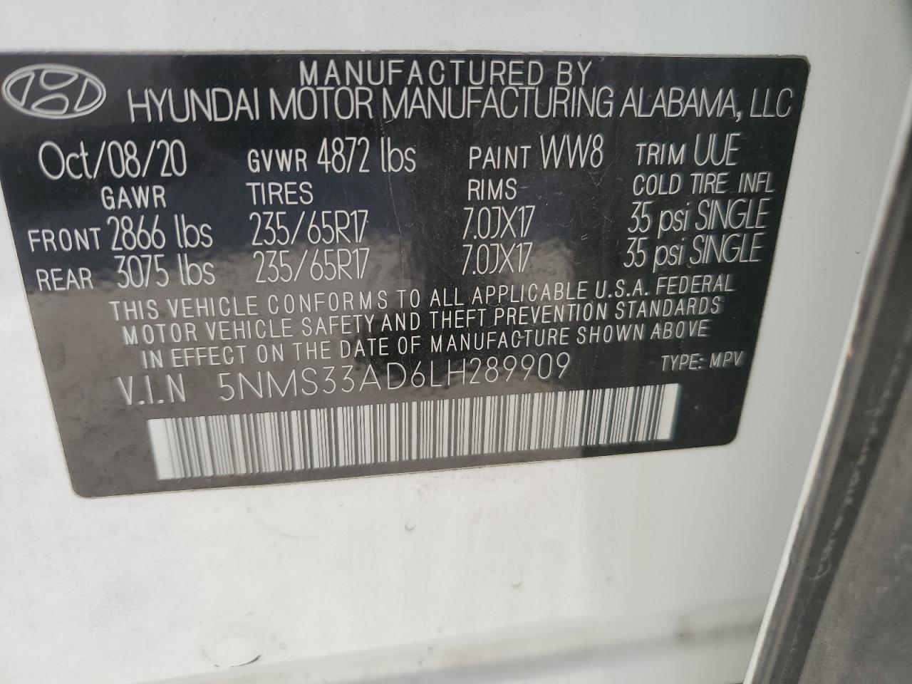 2020 Hyundai Santa Fe Sel VIN: 5NMS33AD6LH289909 Lot: 89663155