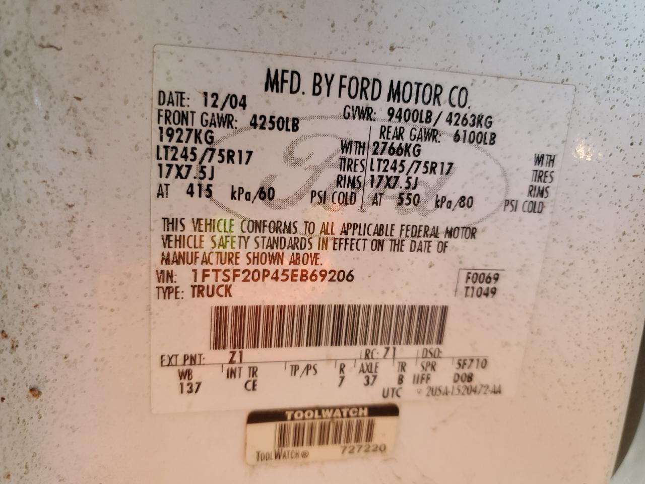 2005 Ford F250 Super Duty VIN: 1FTSF20P45EB69206 Lot: 85942795