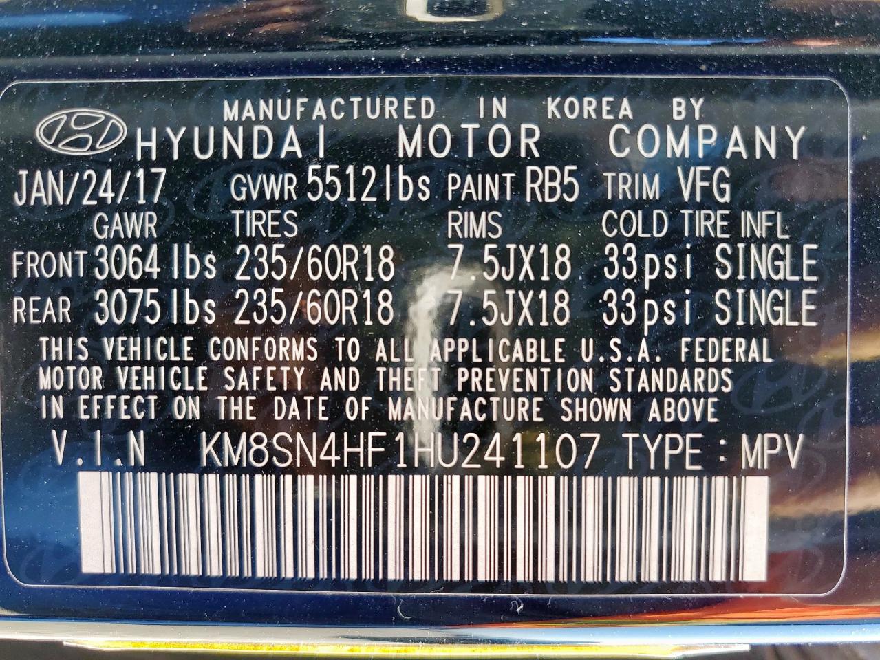 2017 Hyundai Santa Fe Se VIN: KM8SN4HF1HU241107 Lot: 85903315