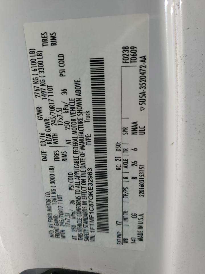 2016 Ford F150 VIN: 1FTMF1C87GKE32963 Lot: 85060115