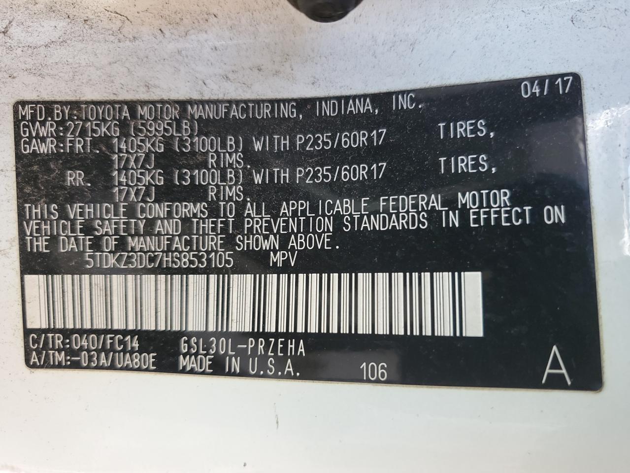 2017 Toyota Sienna Le VIN: 5TDKZ3DC7HS853105 Lot: 81829925