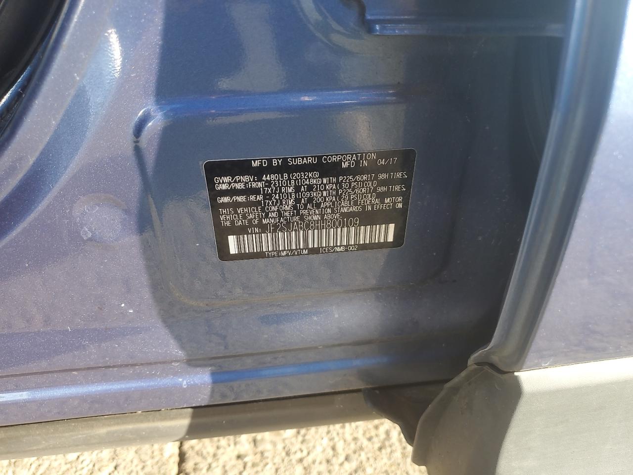 2017 Subaru Forester 2.5I VIN: JF2SJABC8HH800109 Lot: 82245585