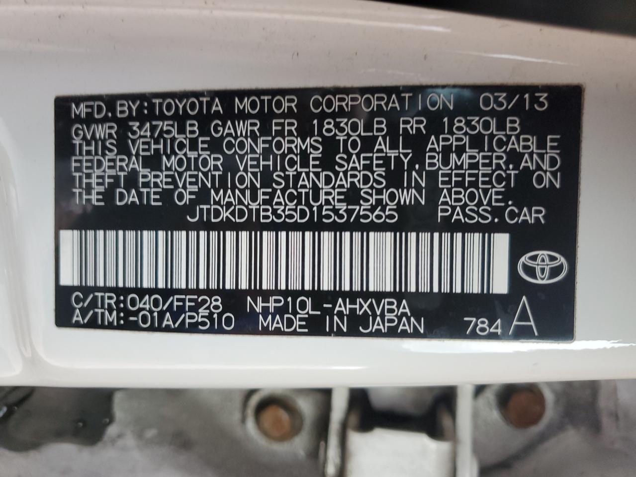 2013 Toyota Prius C VIN: JTDKDTB35D1537565 Lot: 90629775