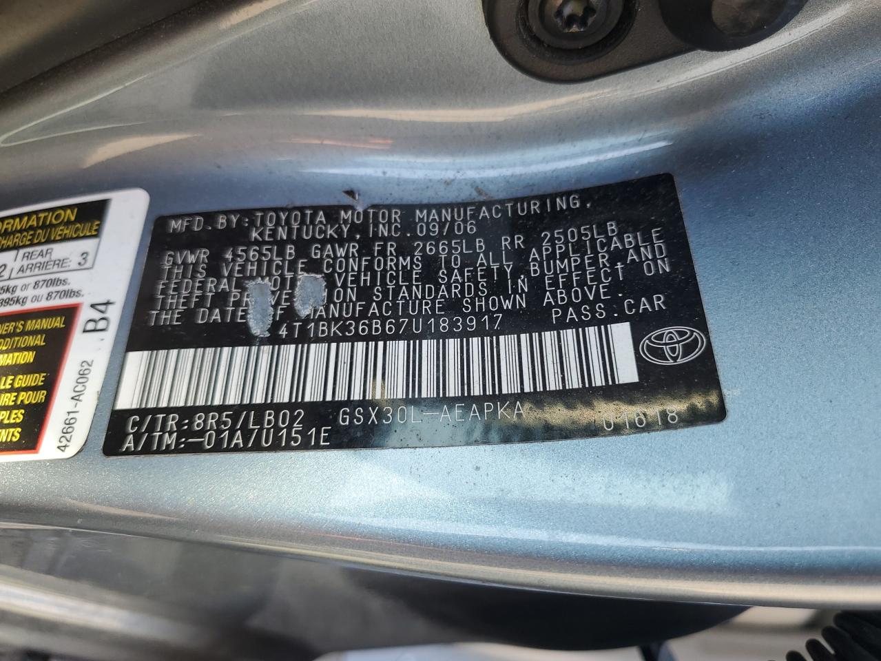 2007 Toyota Avalon Xl VIN: 4T1BK36B67U183917 Lot: 86270705