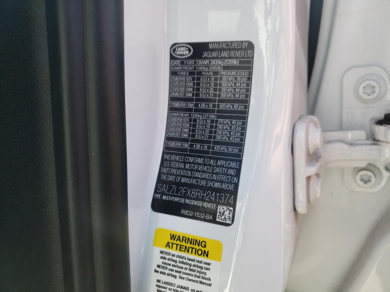 2024 Land Rover Range Rover Evoque Dynamic Se VIN: SALZL2FX8RH241374 Lot: 85570885