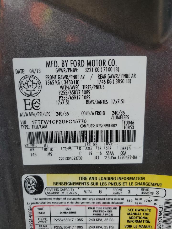 2013 Ford F150 Supercrew VIN: 1FTFW1CF2DFC15770 Lot: 90781685