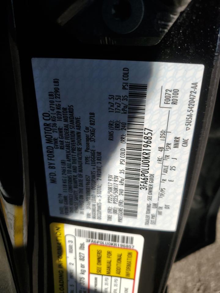 2019 Ford Fusion Se VIN: 3FA6P0LU0KR196857 Lot: 82573015