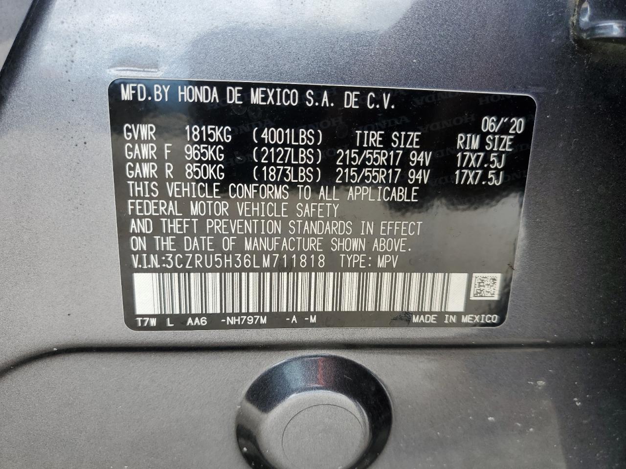 2020 Honda Hr-V Lx VIN: 3CZRU5H36LM711818 Lot: 82342055