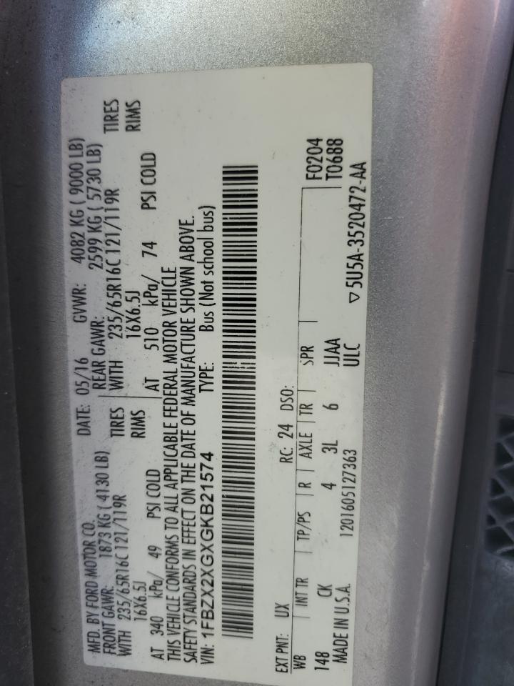 2016 Ford Transit T-350 VIN: 1FBZX2XGXGKB21574 Lot: 87057495