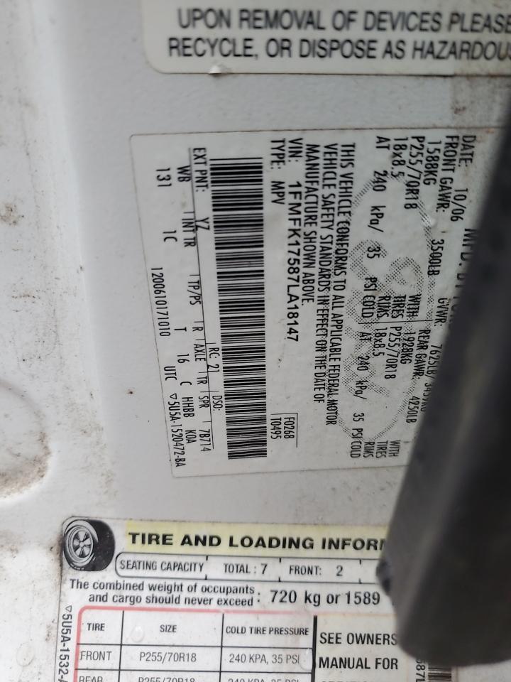 2007 Ford Expedition El Eddie Bauer VIN: 1FMFK17587LA18147 Lot: 87452025