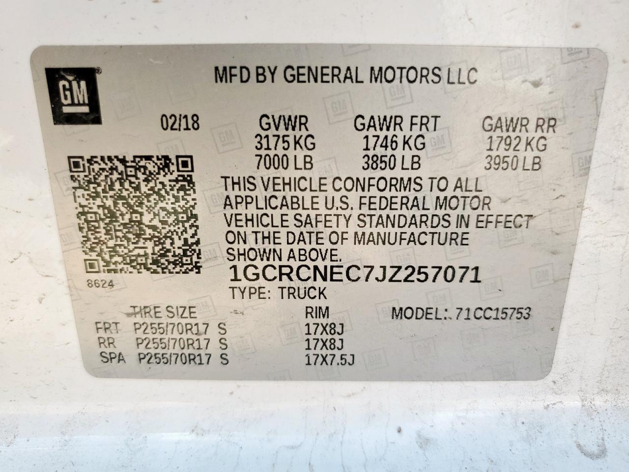 2018 Chevrolet Silverado C1500 VIN: 1GCRCNEC7JZ257071 Lot: 85497355