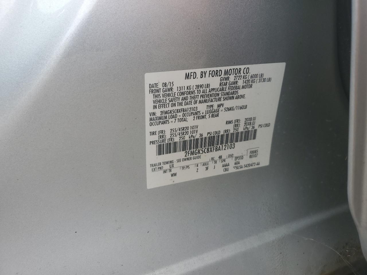 2015 Ford Flex Sel VIN: 2FMGK5C8XFBA12103 Lot: 82379765