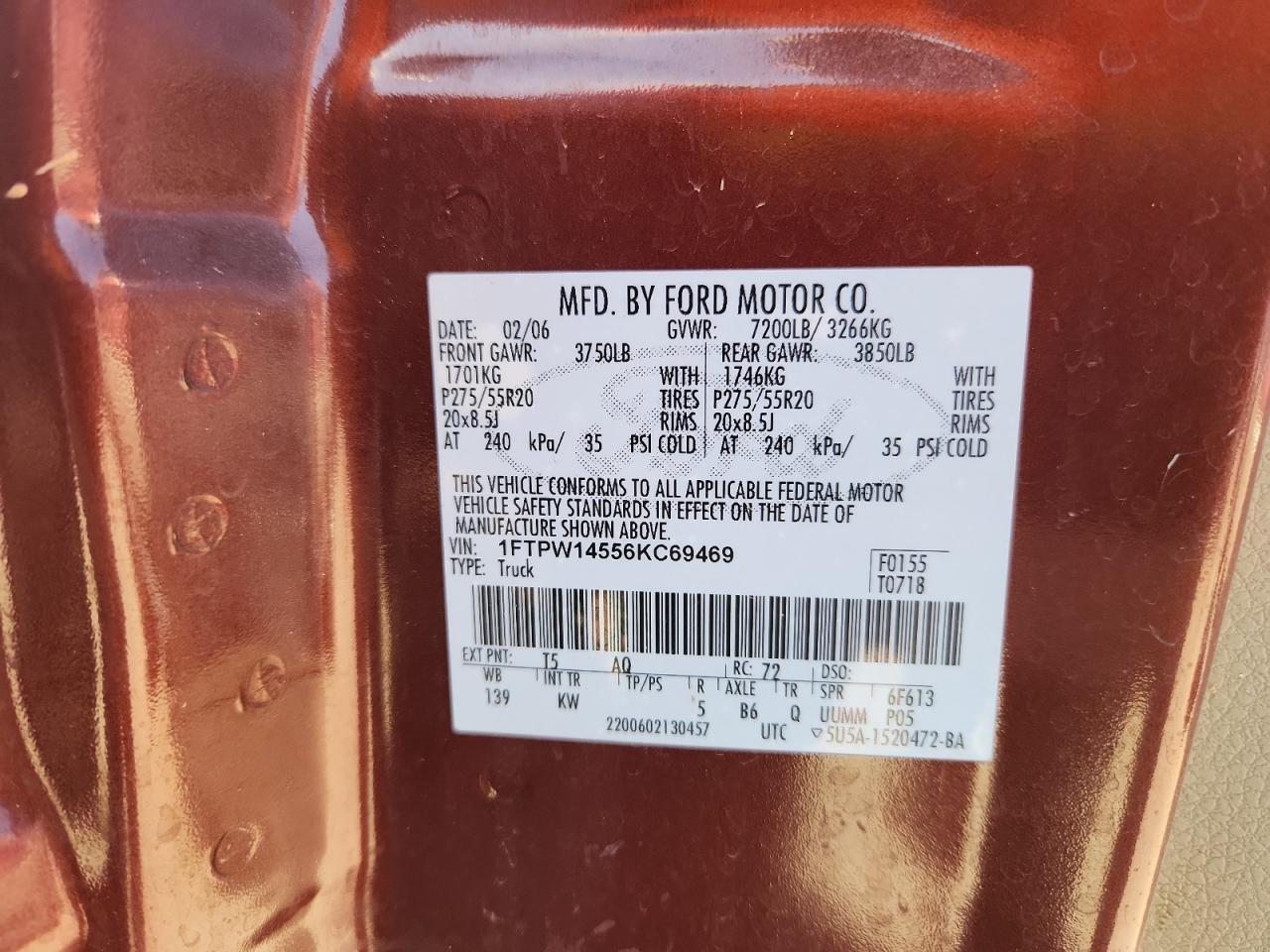 2006 Ford F150 Supercrew VIN: 1FTPW14556KC69469 Lot: 86898525