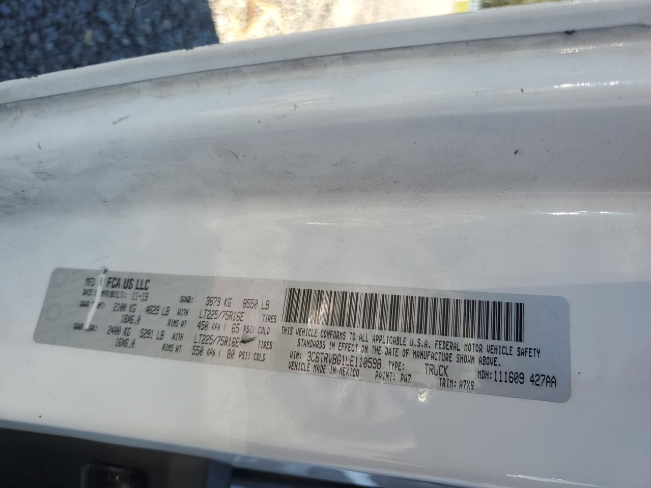 2020 Ram Promaster 1500 1500 High VIN: 3C6TRVBG1LE110598 Lot: 85915085