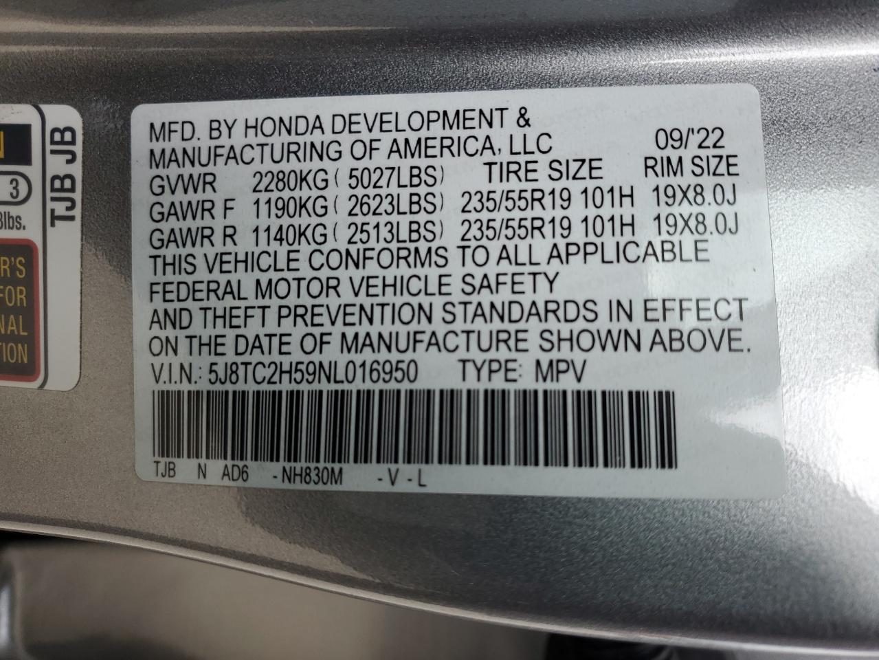 2022 Acura Rdx Technology VIN: 5J8TC2H59NL016950 Lot: 90446435