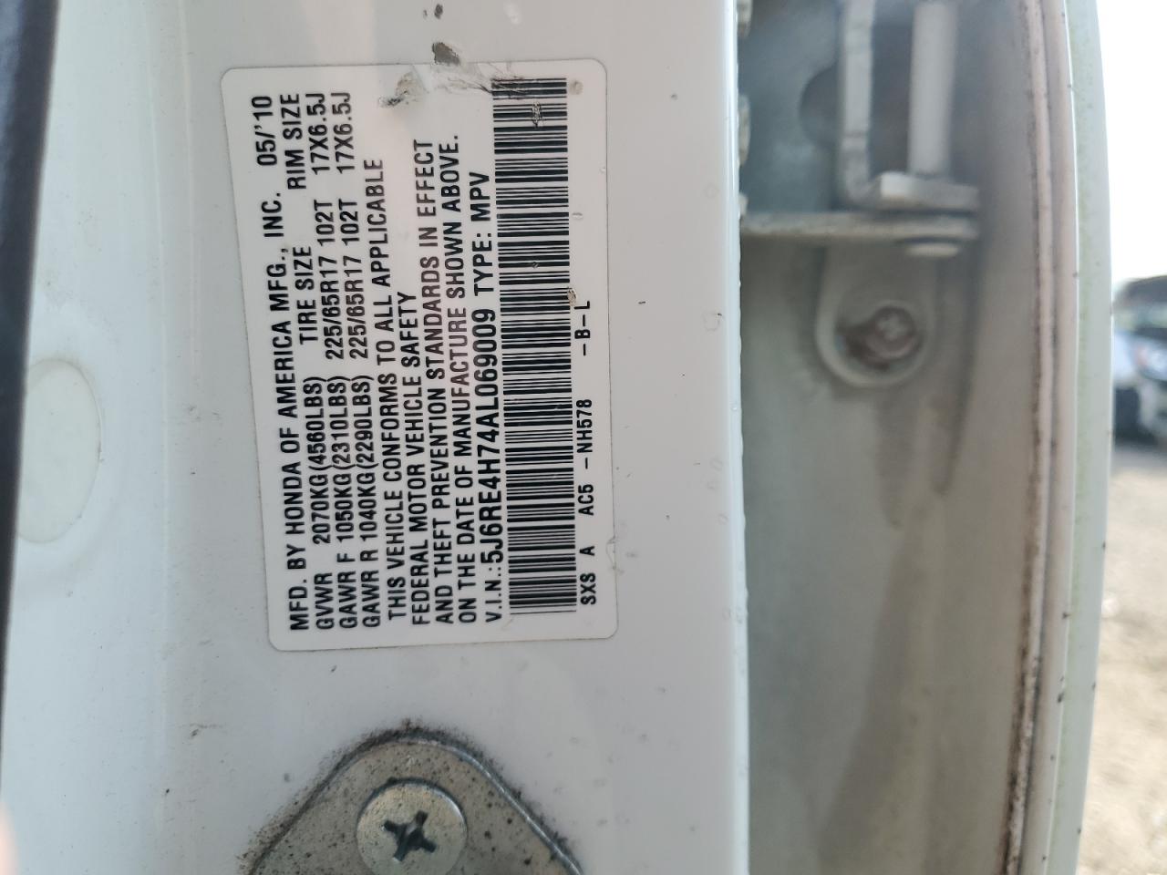 2010 Honda Cr-V Exl VIN: 5J6RE4H74AL069009 Lot: 90450055