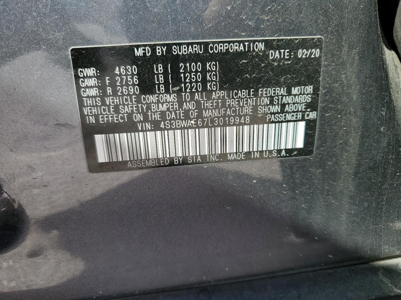 2020 Subaru Legacy Premium VIN: 4S3BWAE67L3019948 Lot: 87402245