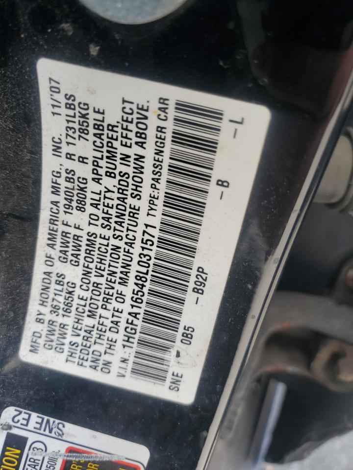 2008 Honda Civic Lx VIN: 1HGFA16548L031571 Lot: 81709175