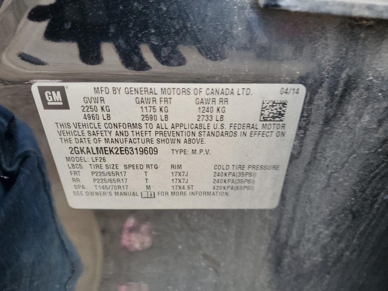 2014 GMC Terrain Sle VIN: 2GKALMEK2E6319609 Lot: 85120085